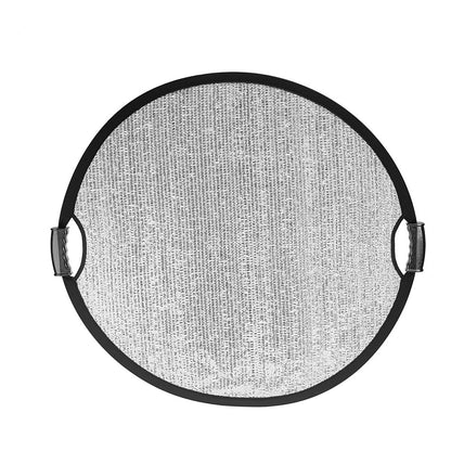 Réflecteur argent anti-vent Caruba 80 cm vu de face, deux poignées latérales noires 