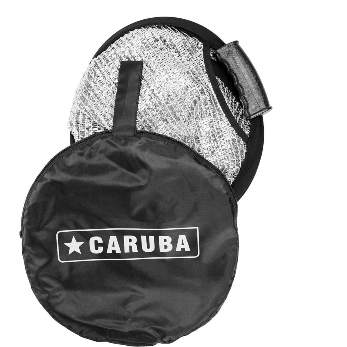 Réflecteur argent anti-vent Caruba sortant de sa housse noire au logo Caruba