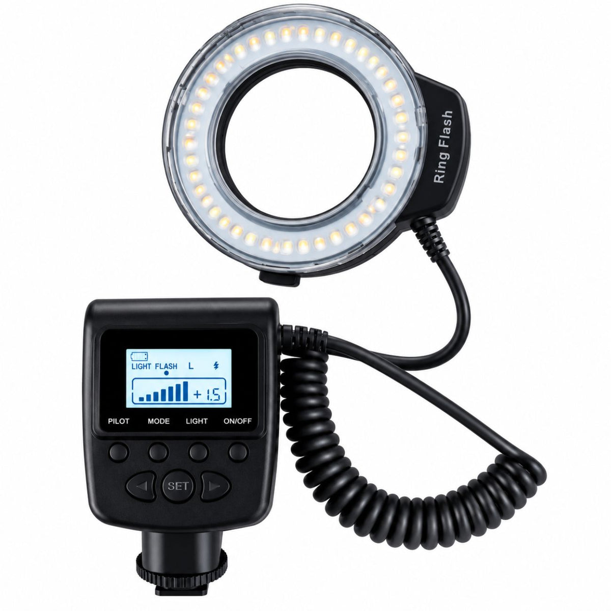 Ring light LED macro StudioKing RL-130, monté sur objectif