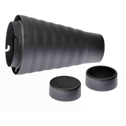 Snoot Elinchrom vu côté flash, encoche de fixation et deux grilles nid d'abeille