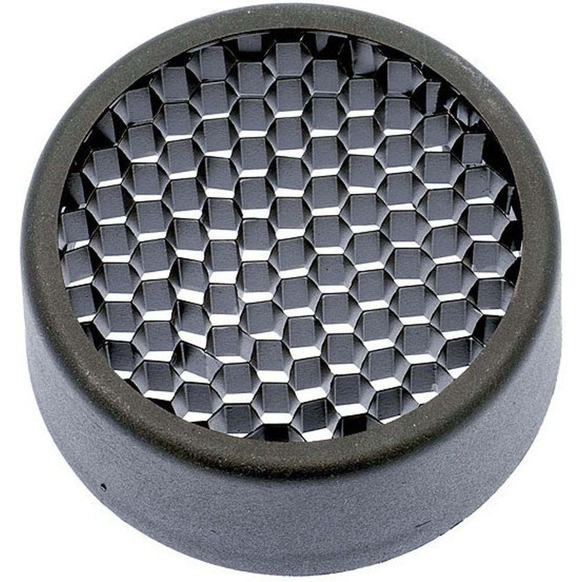 Grille nid d'abeille à larges alvéoles métalliques et cerclage gris, vue de près