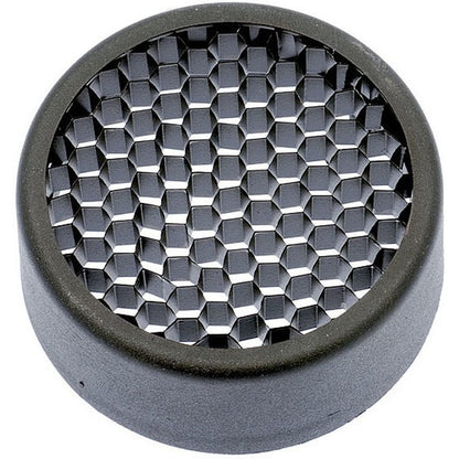 Grille nid d'abeille à larges alvéoles métalliques et cerclage gris, vue de près