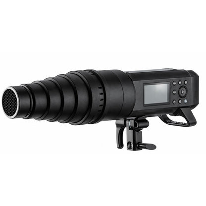 Snoot Godox SN-04 avec grille nid d'abeille monté sur un flash AD400Pro, vue de profil