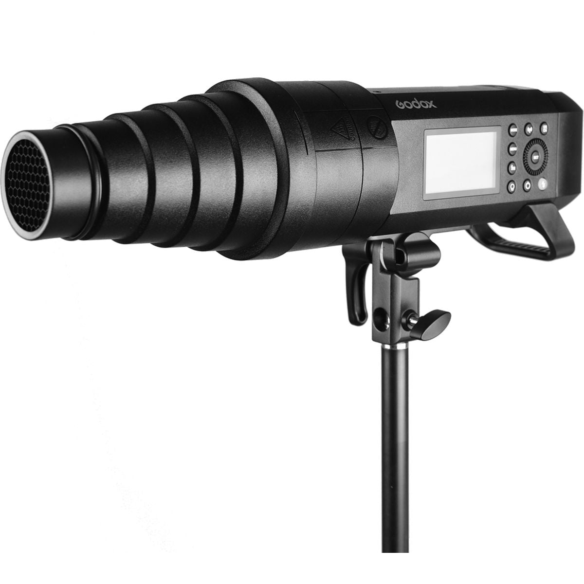 Flash Godox AD400Pro sur pied équipé du snoot SN-04, vue de trois quarts
