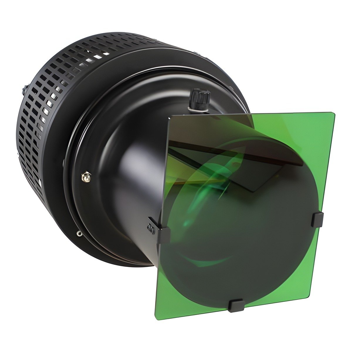 Snoot optique StudioKing SK-OS1 de trois quarts, filtre vert glissé à l'avant de la lentille