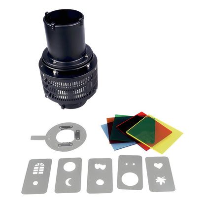 Snoot optique StudioKing SK-OS1 avec ses 5 gobos, son support de gobo et ses 5 filtres de couleur