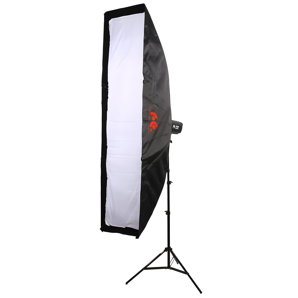Softbox bande Falcon Eyes FER-SB 40x180 cm sur flash et pied, face diffusante blanche sans grille
