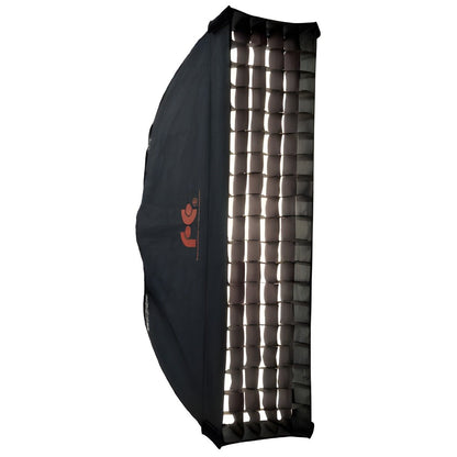 Softbox bande Falcon Eyes FER-SB de trois quarts avec sa grille nid d'abeille noire posée