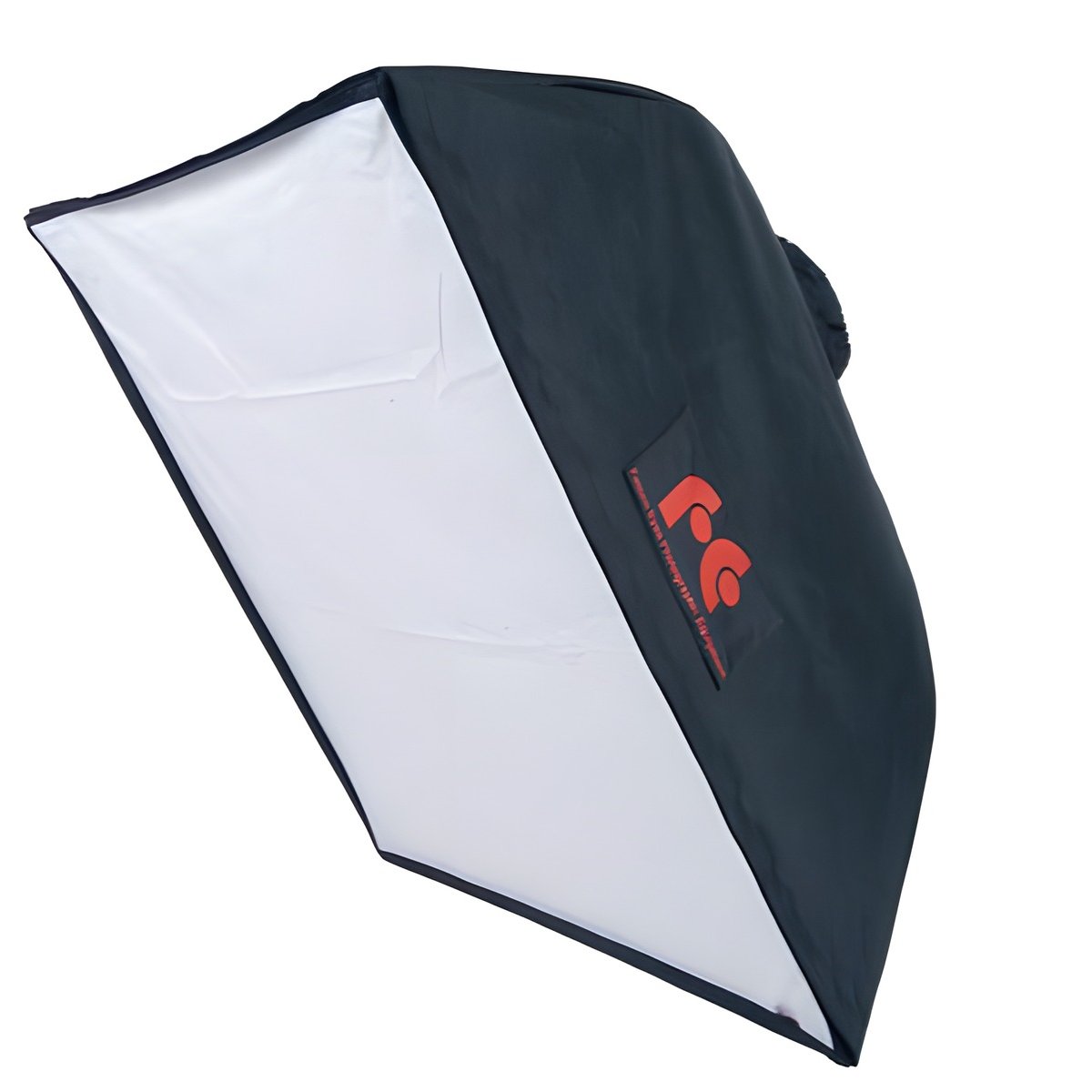 Softbox Falcon Eyes SBQ de trois quarts, face diffusante blanche et flancs noirs au logo Falcon Eyes