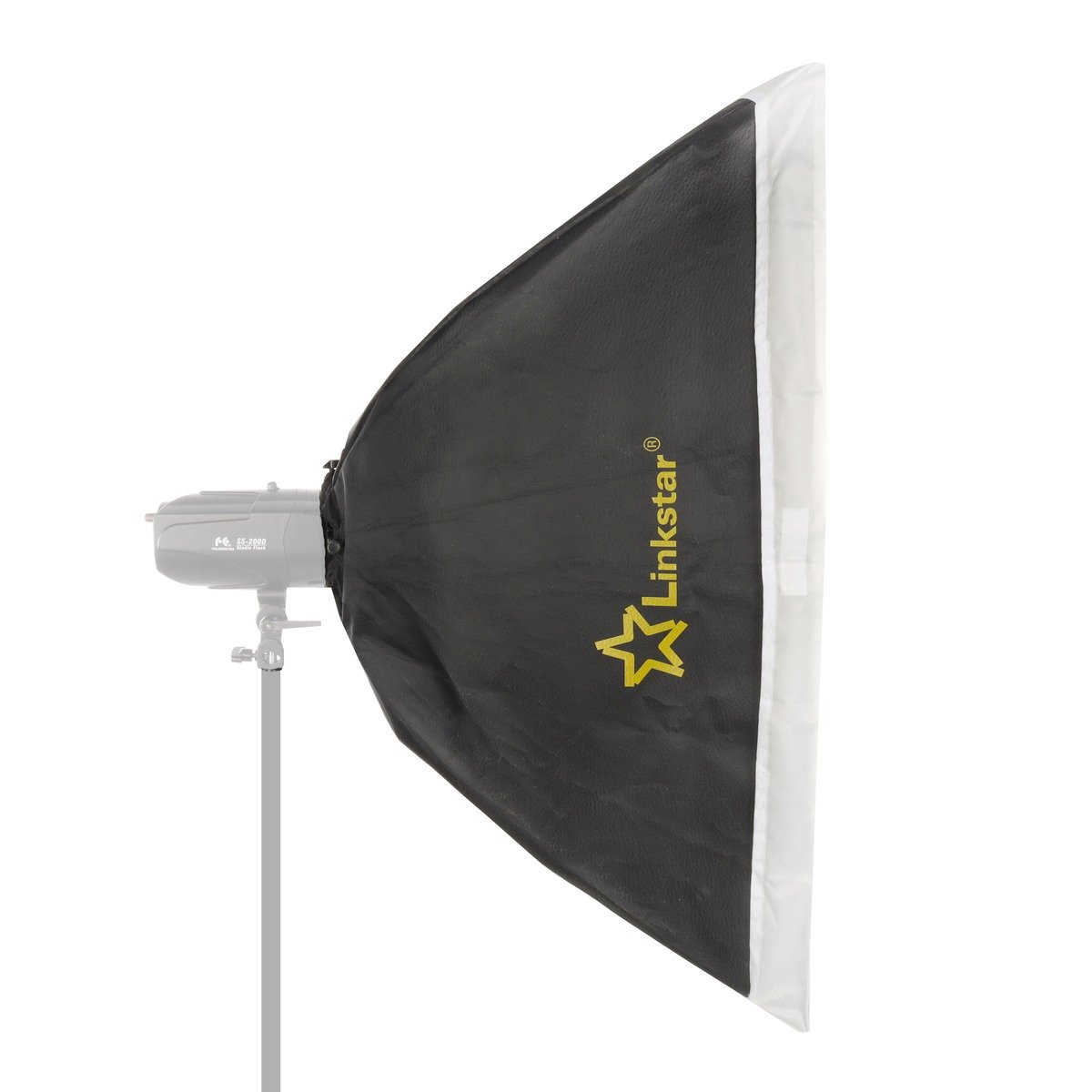 Softbox Linkstar RS-6090SA de profil, montée sur un flash de studio