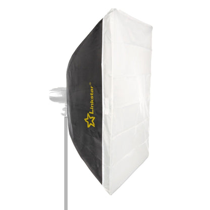 Softbox Linkstar RS-6090SA de 60x90 cm vue de trois quarts, face diffusante blanche et logo Linkstar