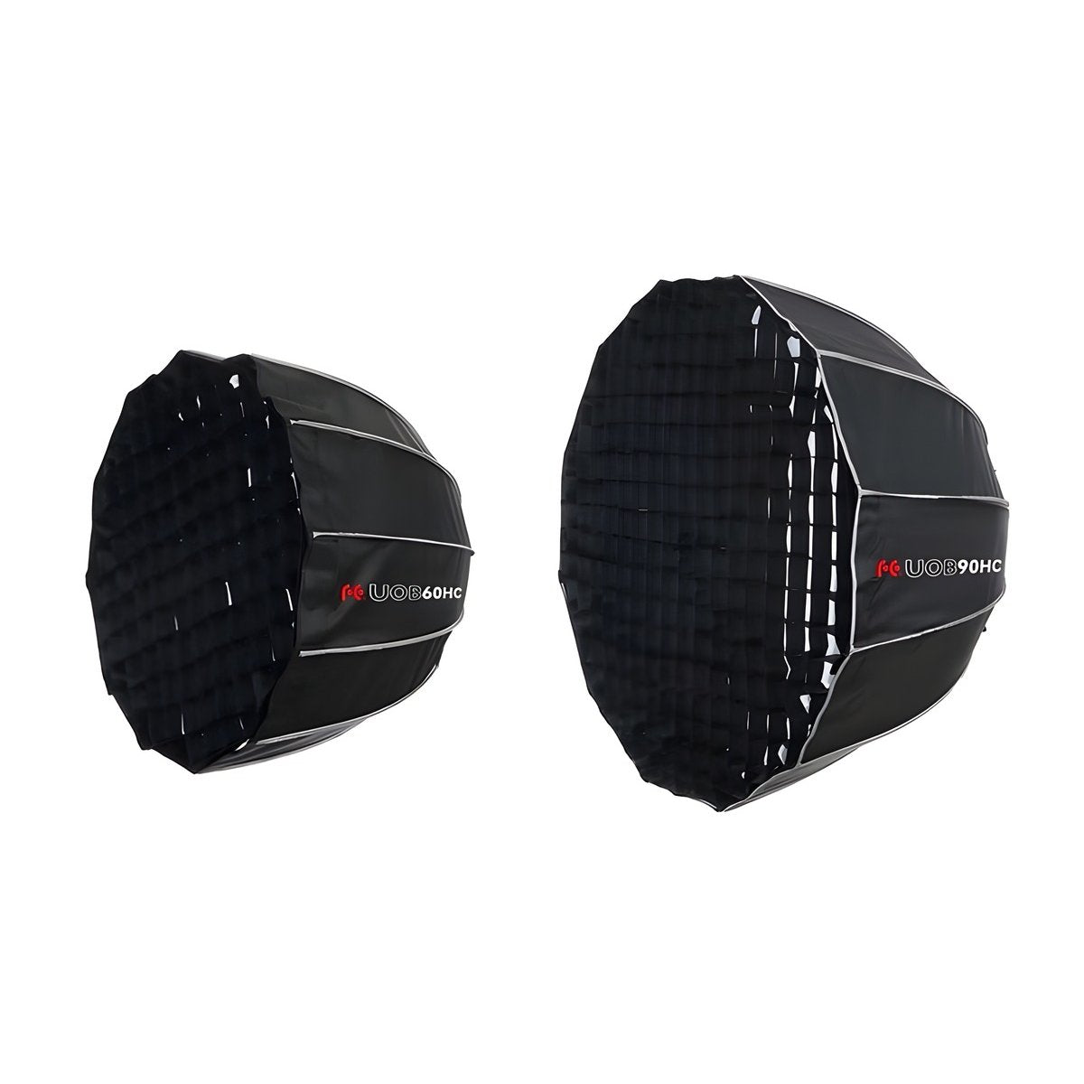 Softbox parabolique Falcon Eyes UOB 60 et 90 cm côte à côte avec leur grille nid d'abeille 