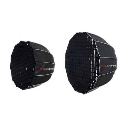 Softbox parabolique Falcon Eyes UOB 60 et 90 cm côte à côte avec leur grille nid d'abeille 