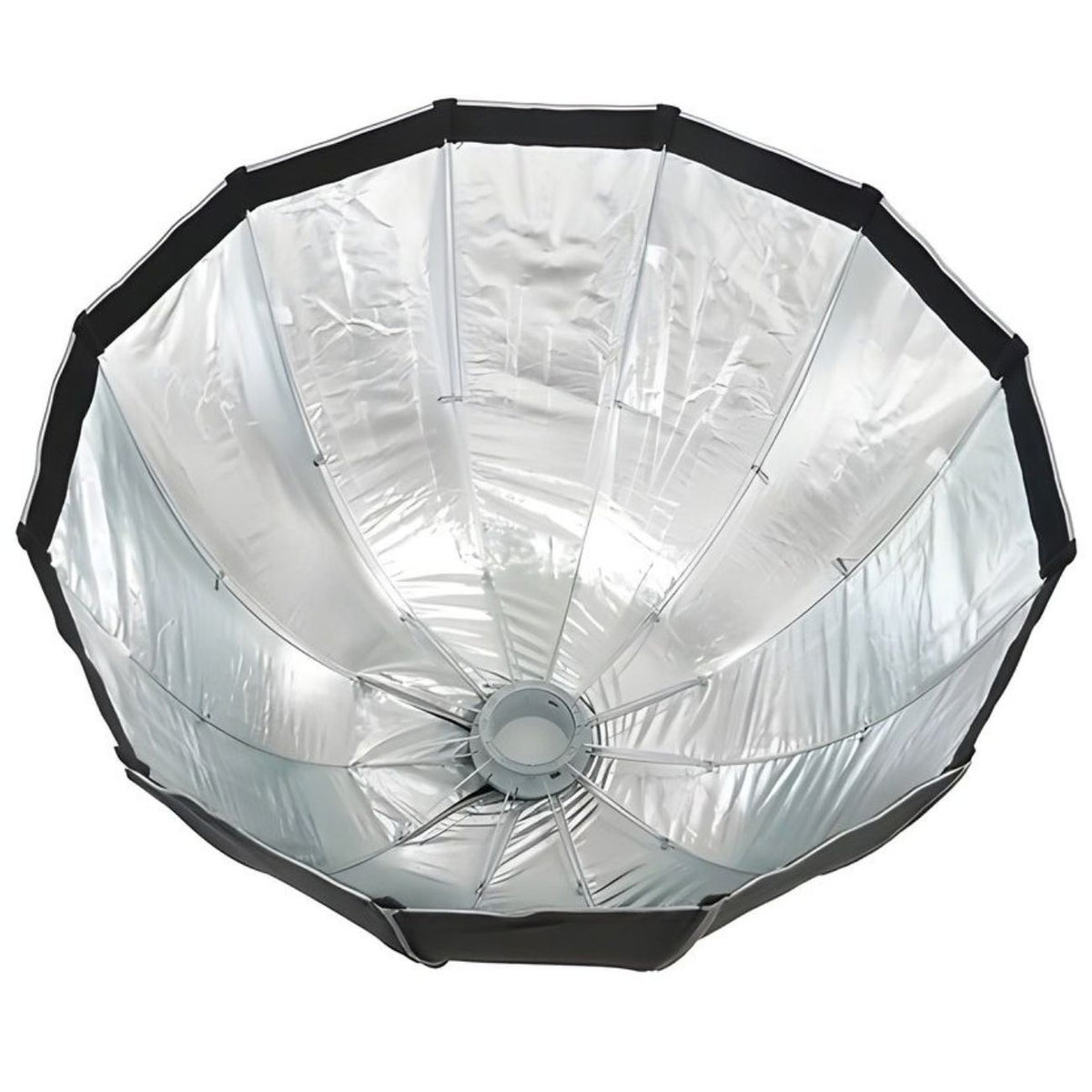 Softbox parabolique Falcon Eyes UOB vue de face, intérieur argenté et baleines blanches