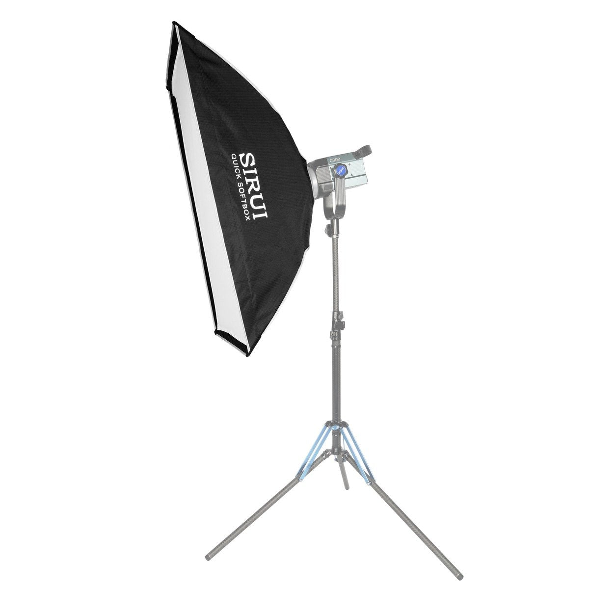Softbox pliable Sirui QR6090 de 60x90 cm montée sur une lampe et un pied, vue de trois quarts