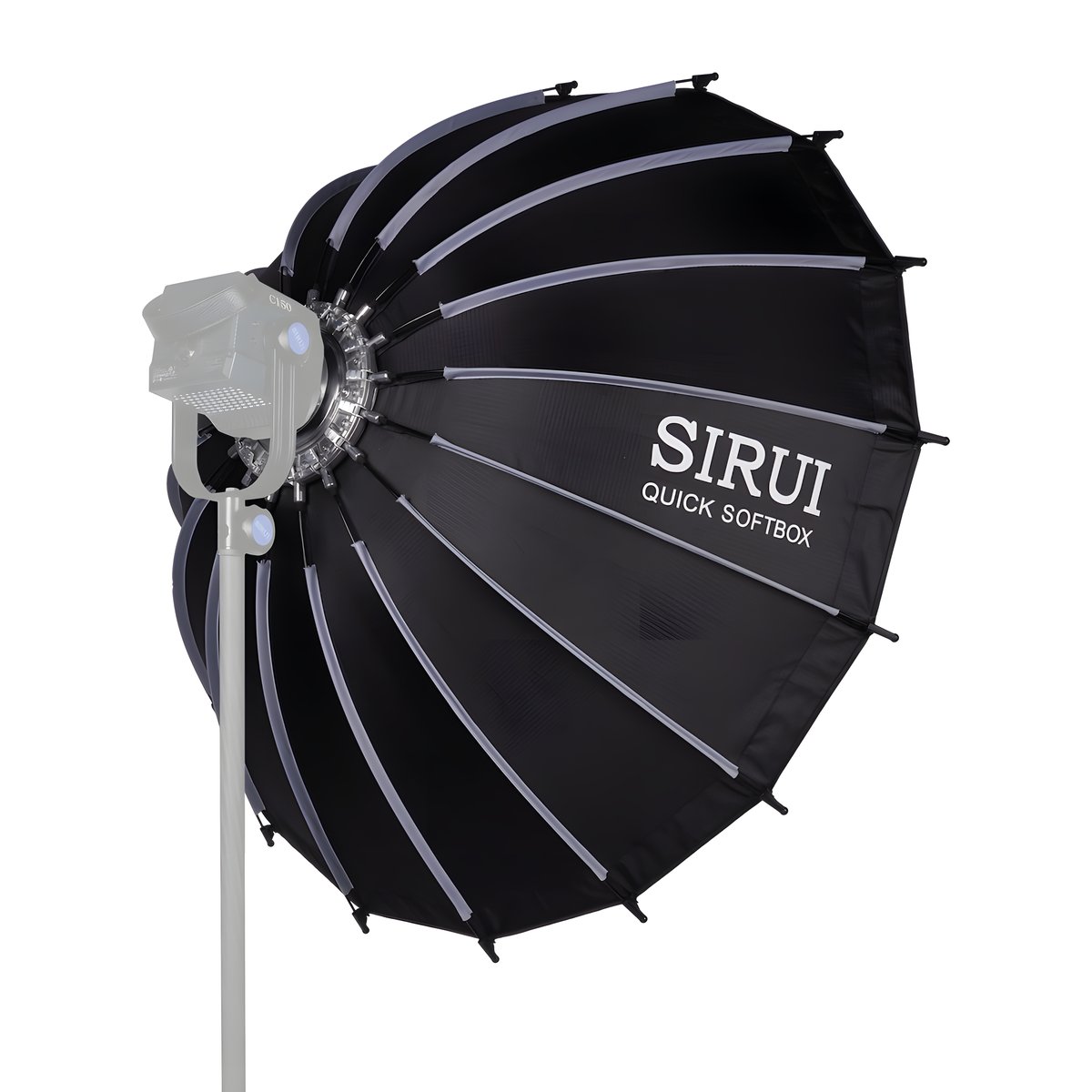 Softbox Sirui RGX105 de trois quarts, montée sur une lampe, baleines blanches sur tissu noir 