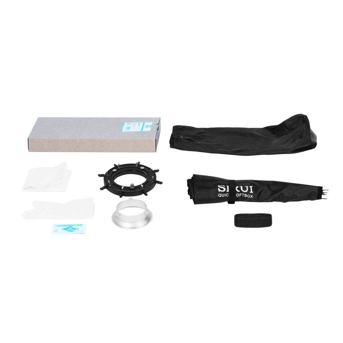 Contenu de la softbox Sirui RGX60 II : softbox, diffuseurs, grille, bague Bowens et sac 