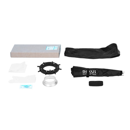Contenu de la softbox Sirui RGX60 II : softbox, diffuseurs, grille, bague Bowens et sac 