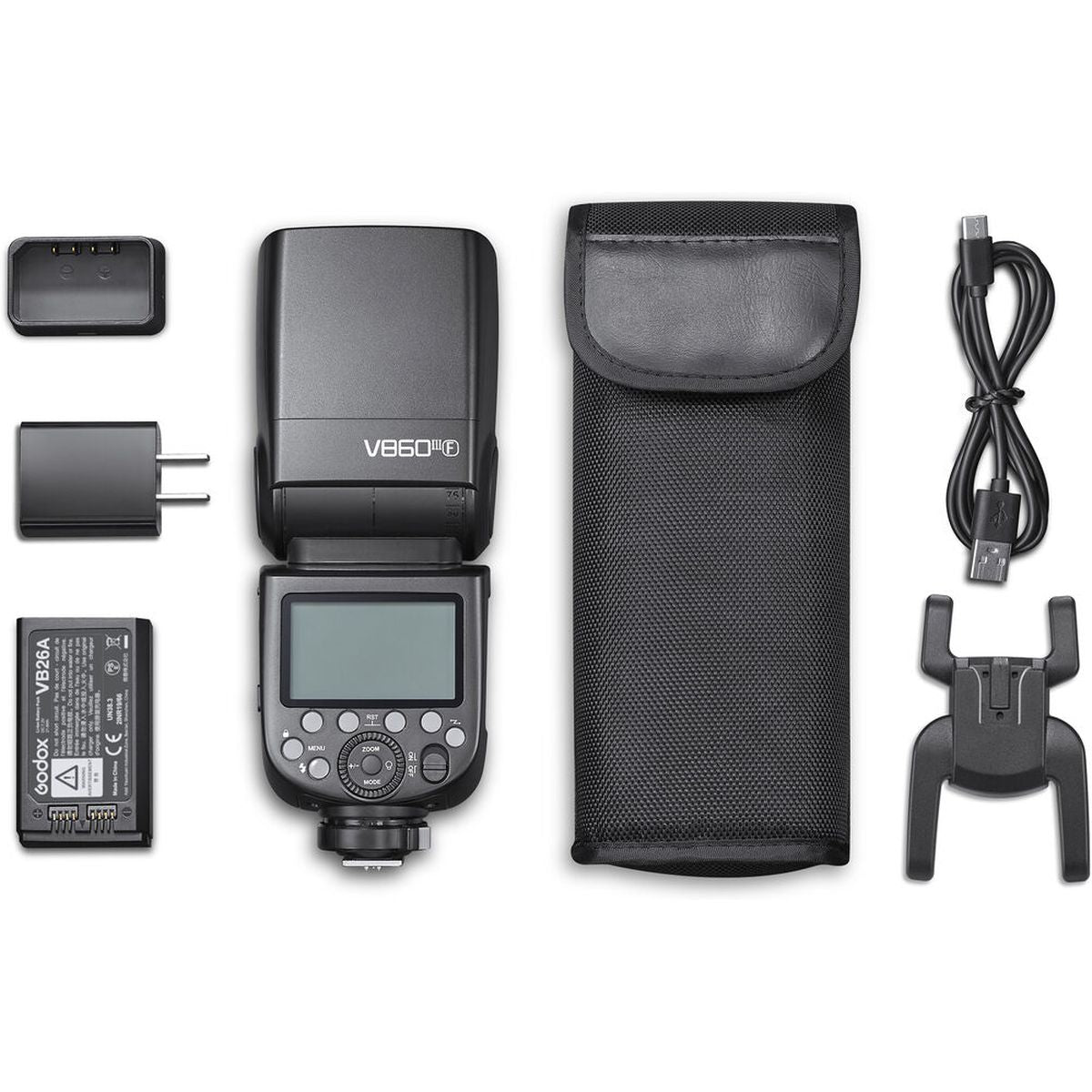 Speedlite Godox V860III monture Fujifilm, packaging et accessoires 