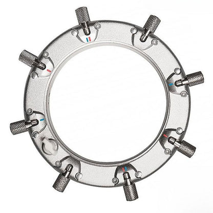 Speedring Elinchrom Rotalux argenté vu de face, huit tiges moletées et encart de profil