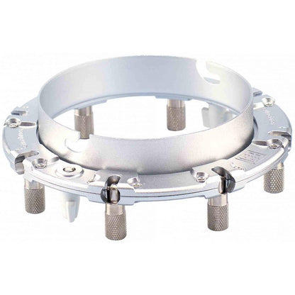 Speedring Elinchrom Rotalux de trois quarts, anneau de baïonnette et tiges de fixation