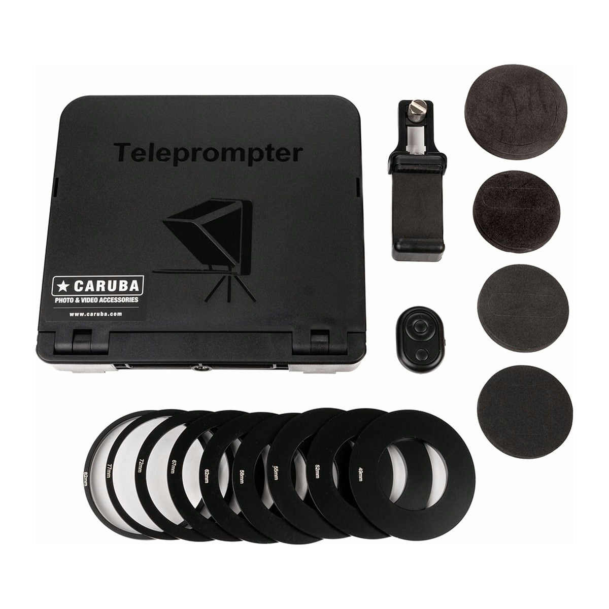 Téléprompteur Caruba replié avec ses 9 bagues d'objectif, 4 anneaux d'occultation, télécommande et support smartphone