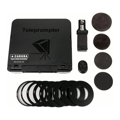 Téléprompteur Caruba replié avec ses 9 bagues d'objectif, 4 anneaux d'occultation, télécommande et support smartphone