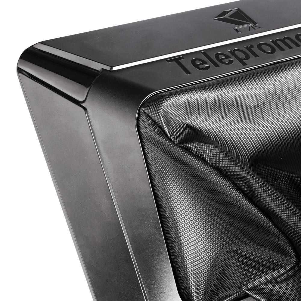 Détail du capot noir du téléprompteur Lensgo TC12 et de sa housse en simili cuir