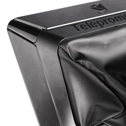 Détail du capot noir du téléprompteur Lensgo TC12 et de sa housse en simili cuir