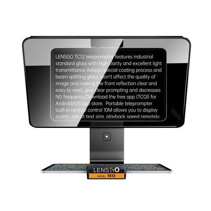 Téléprompteur Lensgo TC12 vu de face, texte reflété sur le grand verre séparateur