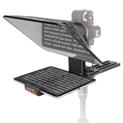 Téléprompteur Lensgo TC12 avec une tablette sous le verre et un boîtier photo grisé à l'arrière