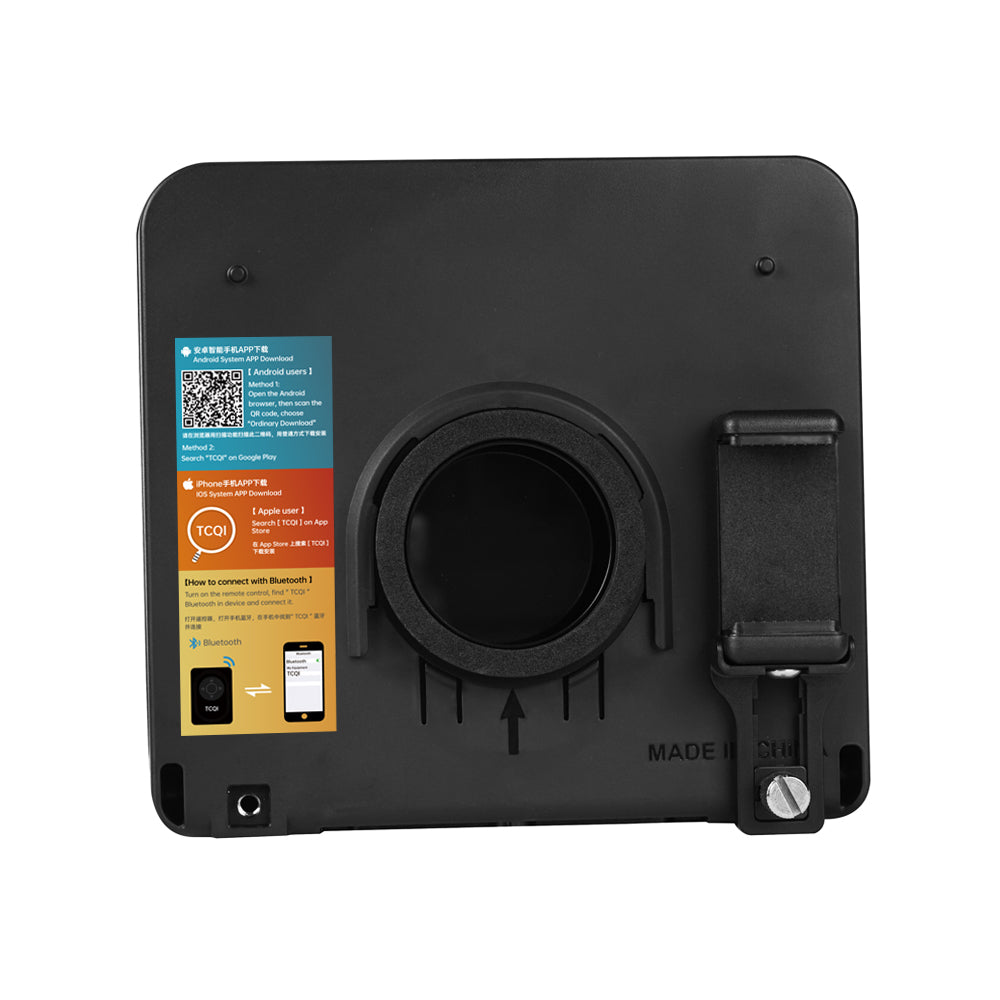 Dos du téléprompteur Lensgo TC7, ouverture d'objectif et support de smartphone