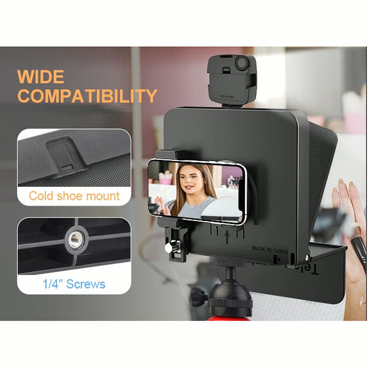 Lensgo TC7S avec lampe vidéo sur sa griffe porte-accessoire et détail du filetage 1/4 de pouce