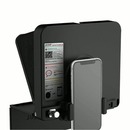 Dos du téléprompteur Lensgo TC7S avec un smartphone fixé à la verticale dans son support