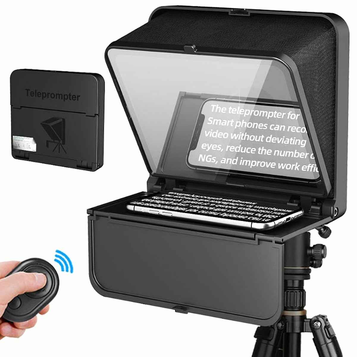 Téléprompteur smartphone Lensgo TC7S ouvert sur trépied, texte affiché sur le verre, télécommande Bluetooth et boîtier replié