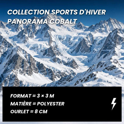 Fiche technique de la toile de fond photo montagne panorama cobalt 3 x 3 m : polyester, ourlet de 8 cm