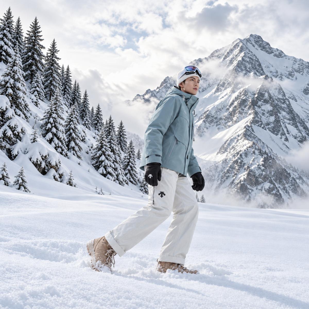 Mannequin en veste de ski bleu glacier marchant dans la neige devant la toile de fond photo montagne Sports d'Hiver