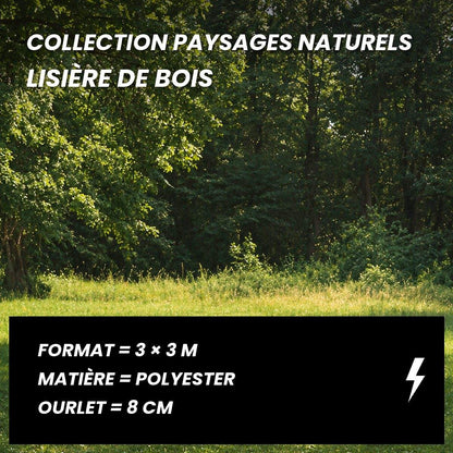 Fiche technique de la toile de fond photo paysage naturel lisière de bois 3 x 3 m : polyester, ourlet de 8 cm