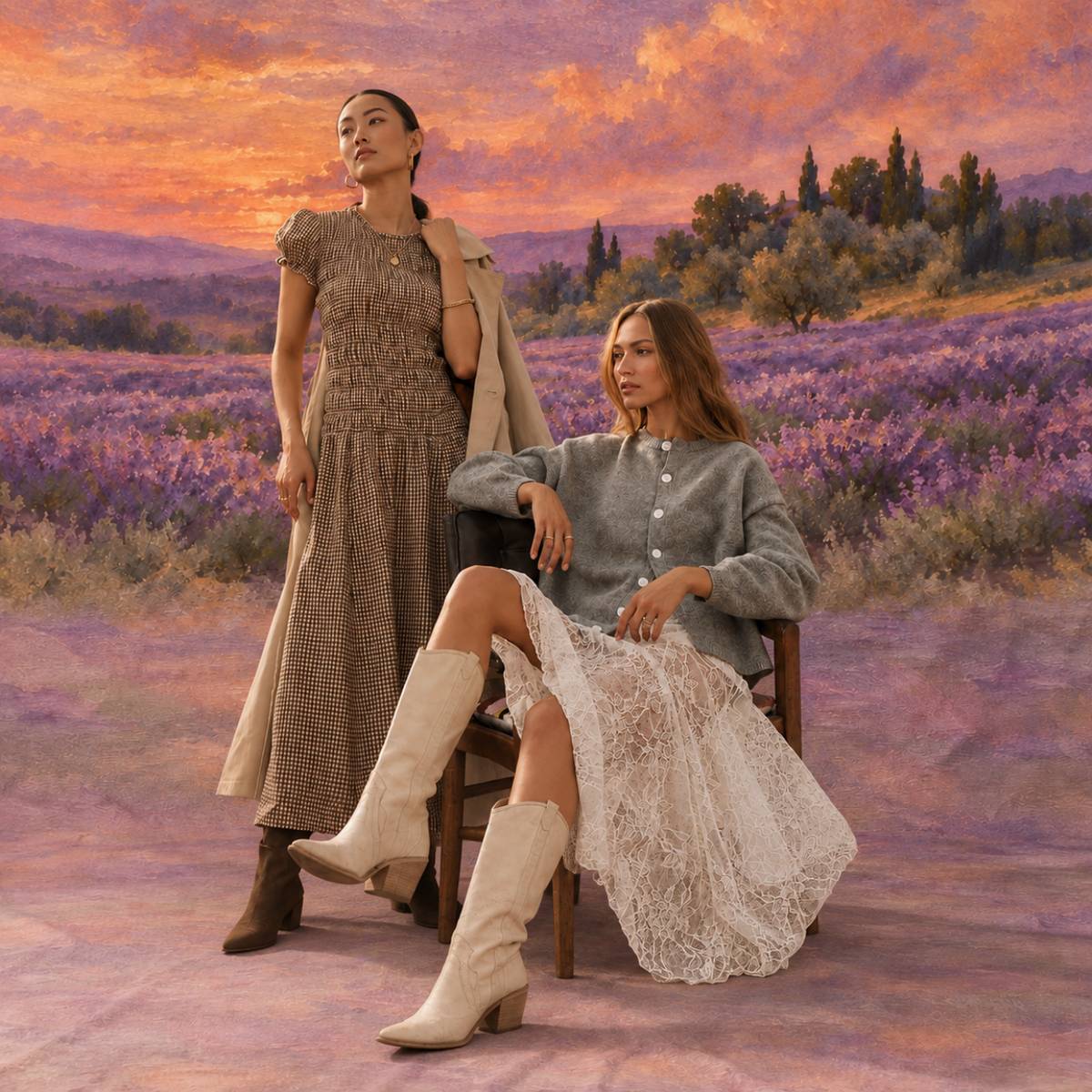 Deux mannequins en tenue d'automne, robe vichy et jupe de dentelle, devant la toile de fond photo paysage peint champ de lavande
