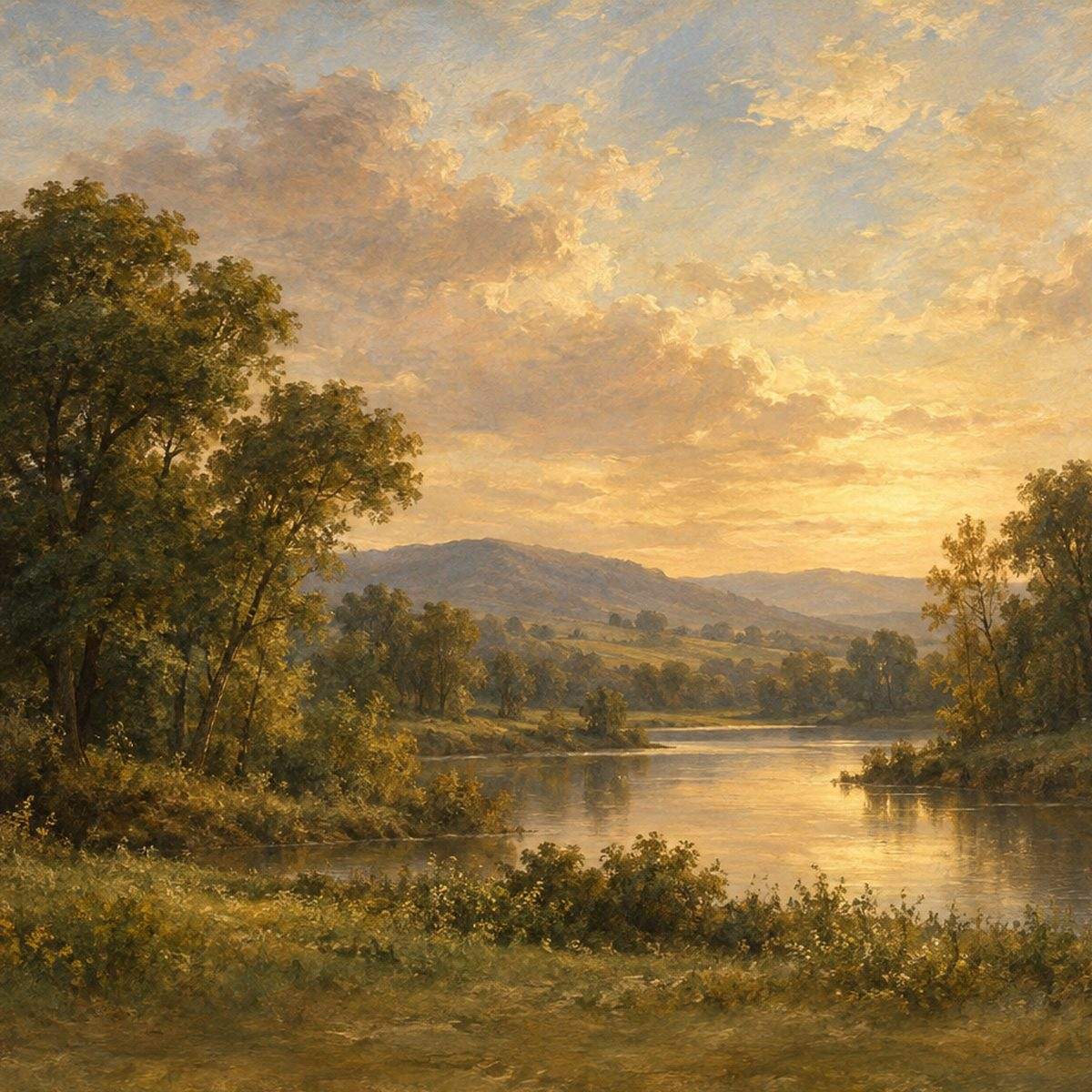 Toile de fond photo paysage peint rivière dorée, format 3 x 3 m, visuel complet