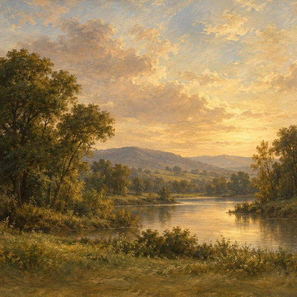 Toile de fond photo paysage peint rivière dorée, format 3 x 3 m, visuel complet