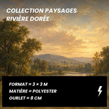 Fiche technique de la toile de fond photo paysage peint rivière dorée 3 x 3 m : polyester, ourlet de 8 cm