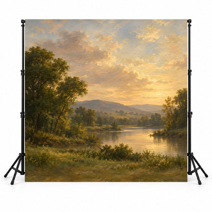 Toile de fond photo paysage peint rivière dorée 3 x 3 m montée sur support de fond en studio