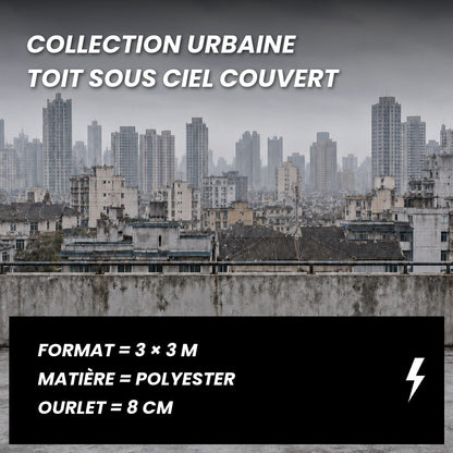 Fiche technique de la toile de fond photo urbaine toit sous ciel couvert 3 x 3 m : polyester, ourlet de 8 cm