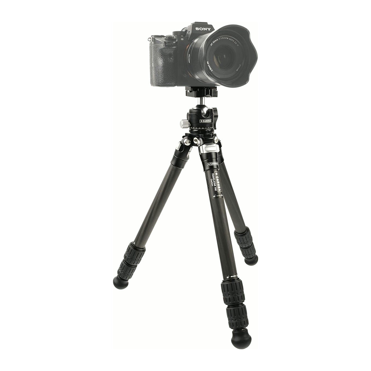 Hybride Sony monté sur la rotule ball du trépied carbone Caruba Travelstar 70C