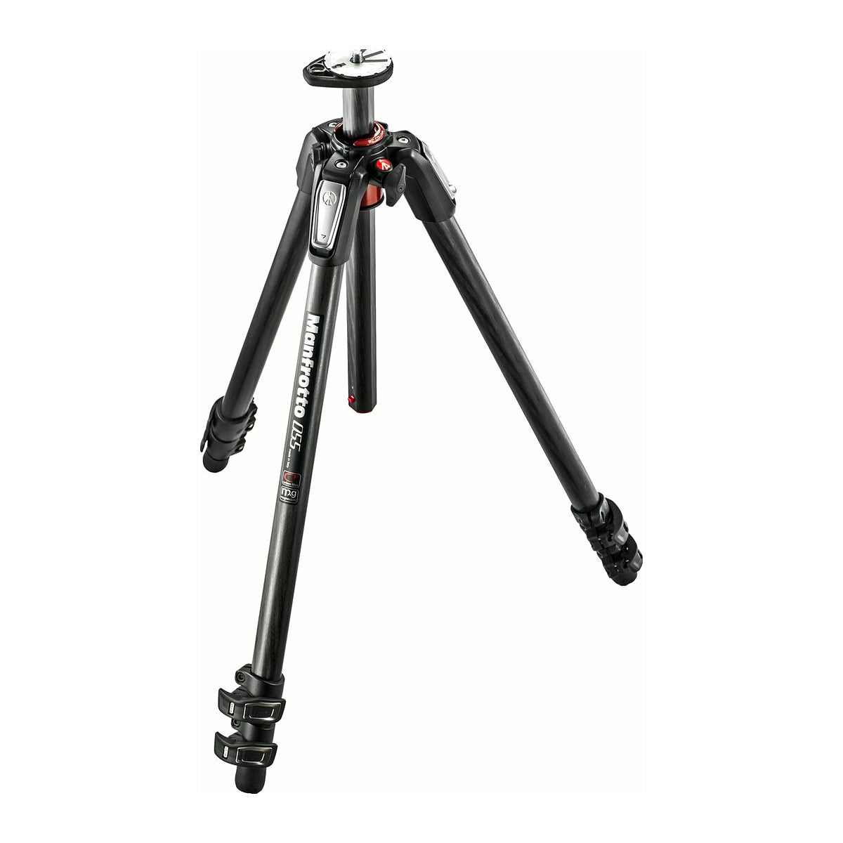 Trépied photo Manfrotto 055 carbone trois sections sans rotule, colonne centrale et leviers Quick Power Lock