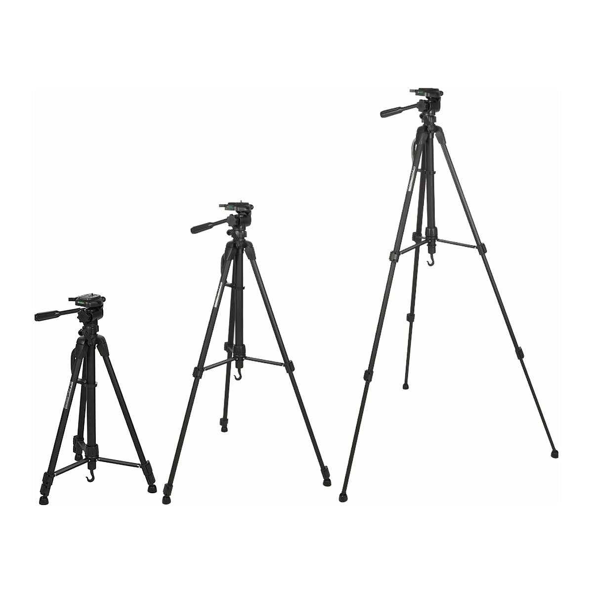 Trépied Nest WT-3730 réglé à trois hauteurs différentes, du plus bas au plus haut