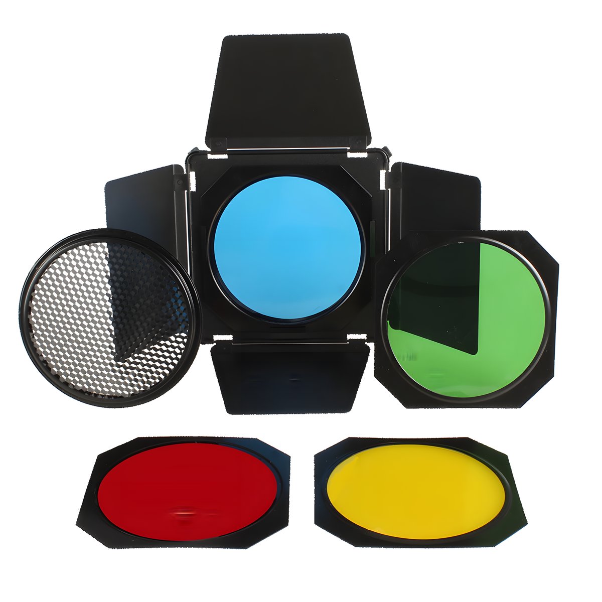 Volets coupe-flux StudioKing SK-BD18 avec leur grille nid d'abeille et 4 filtres bleu, vert, rouge et jaune